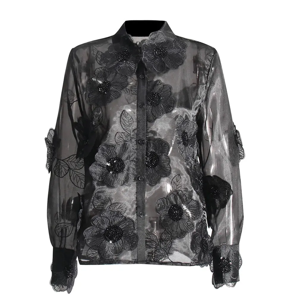 Elegant Long Sleeve Patchwork Appliques Sheer Formal Shirt