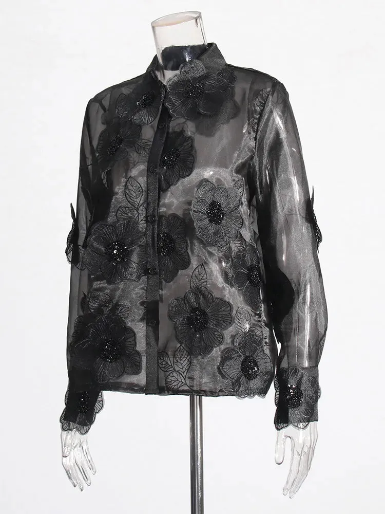 Elegant Long Sleeve Patchwork Appliques Sheer Formal Shirt
