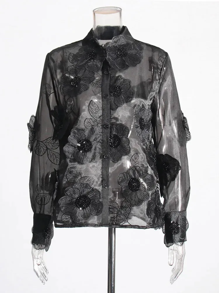 Elegant Long Sleeve Patchwork Appliques Sheer Formal Shirt