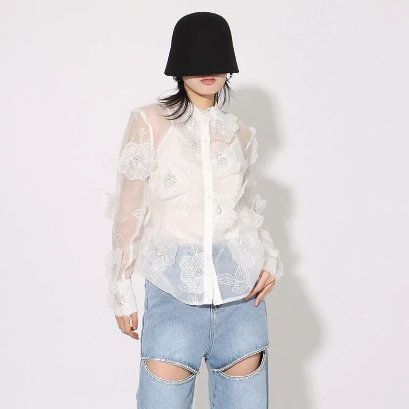 Elegant Long Sleeve Patchwork Appliques Sheer Formal Shirt
