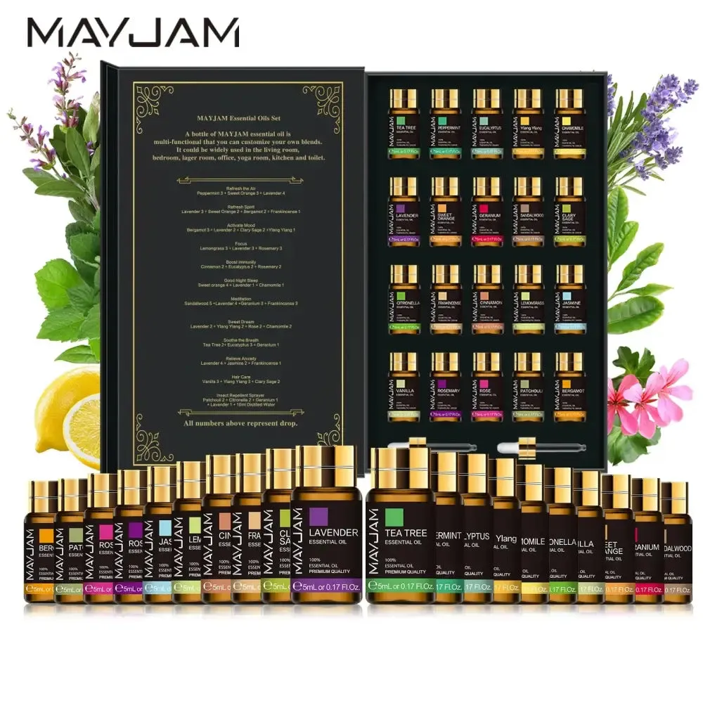 Essential Oils Gift Set 20 Bottles in Elegant Black Gold Box