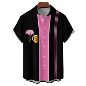 Flamingo Beer Chest Pocket Short Sleeve Bowling Shirt 2401000395