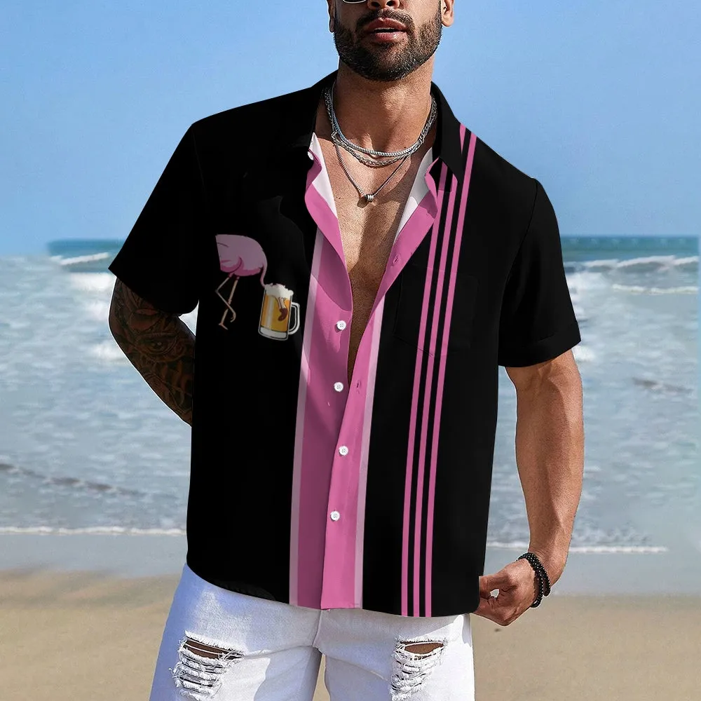 Flamingo Beer Chest Pocket Short Sleeve Bowling Shirt 2401000395