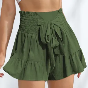 FlareBloom High Waist Smocked Tie-Front Ruffle Shorts