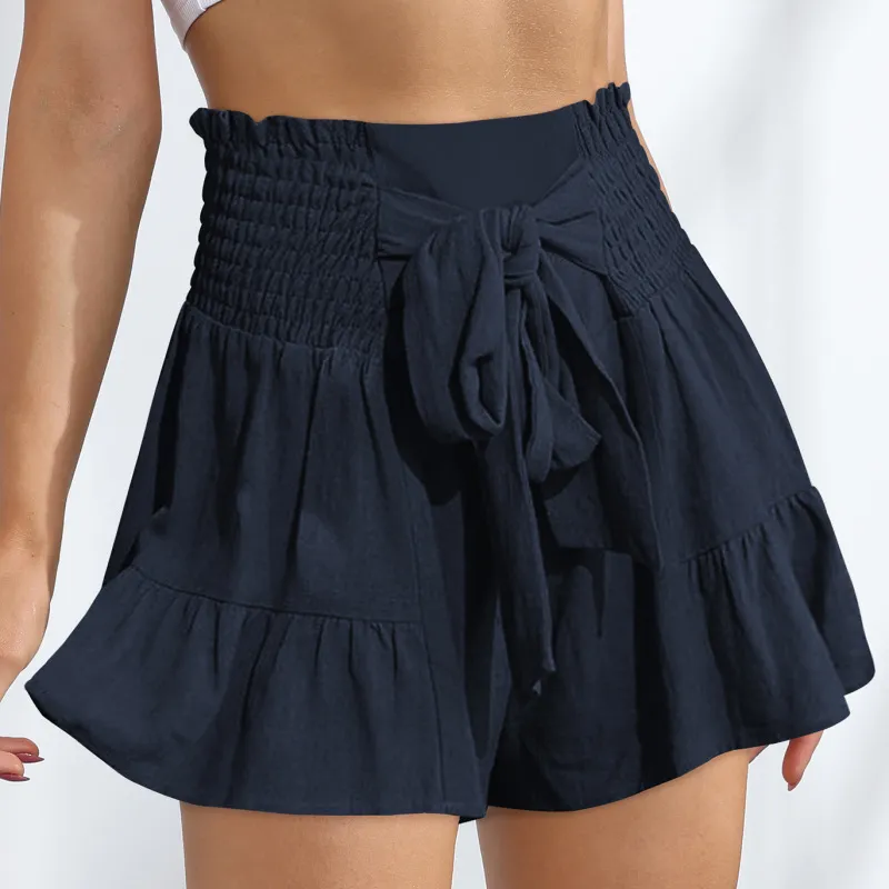 FlareBloom High Waist Smocked Tie-Front Ruffle Shorts