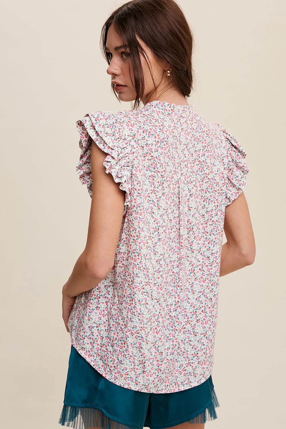 Floral Print Button Down Ruffle sleeves Blouse