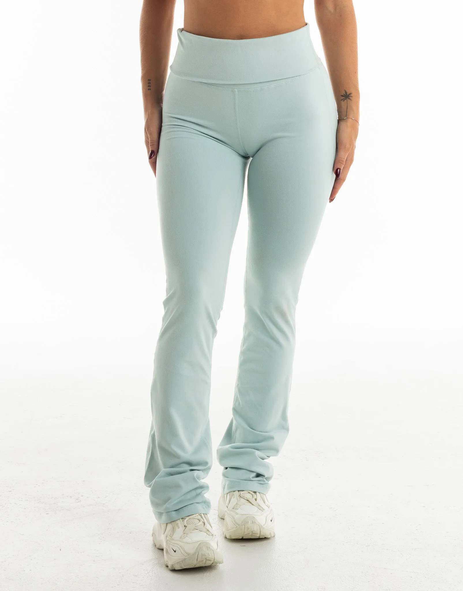 Fold Over Flare Leggings - Light Blue
