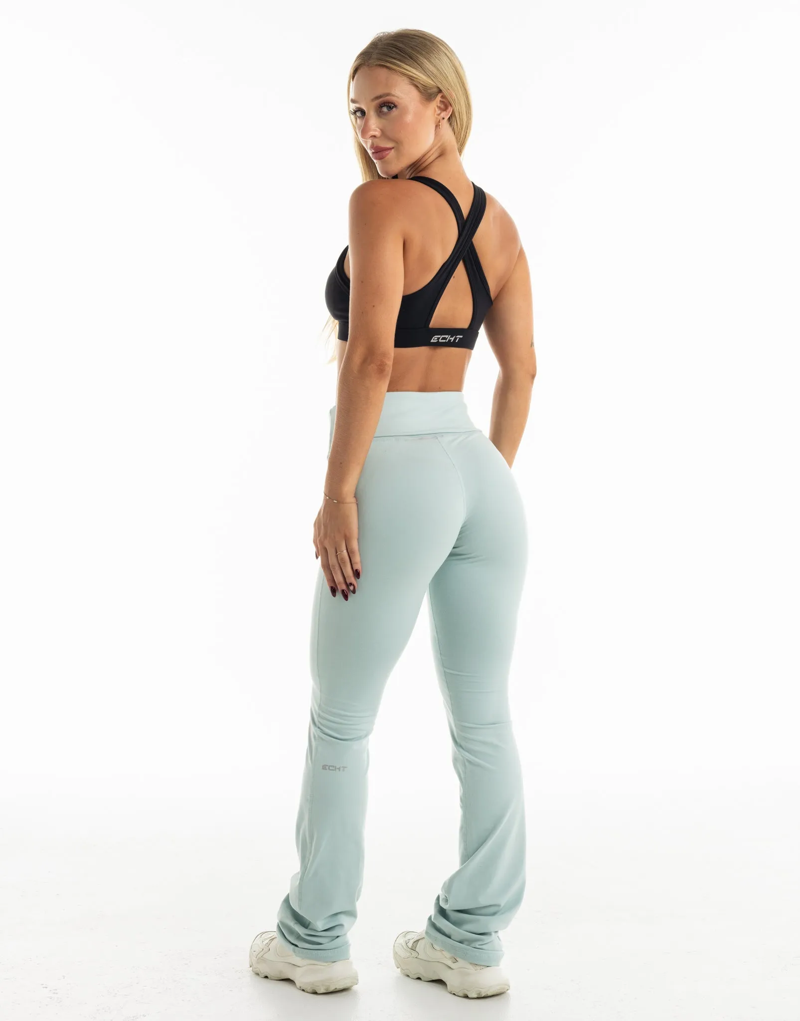 Fold Over Flare Leggings - Light Blue