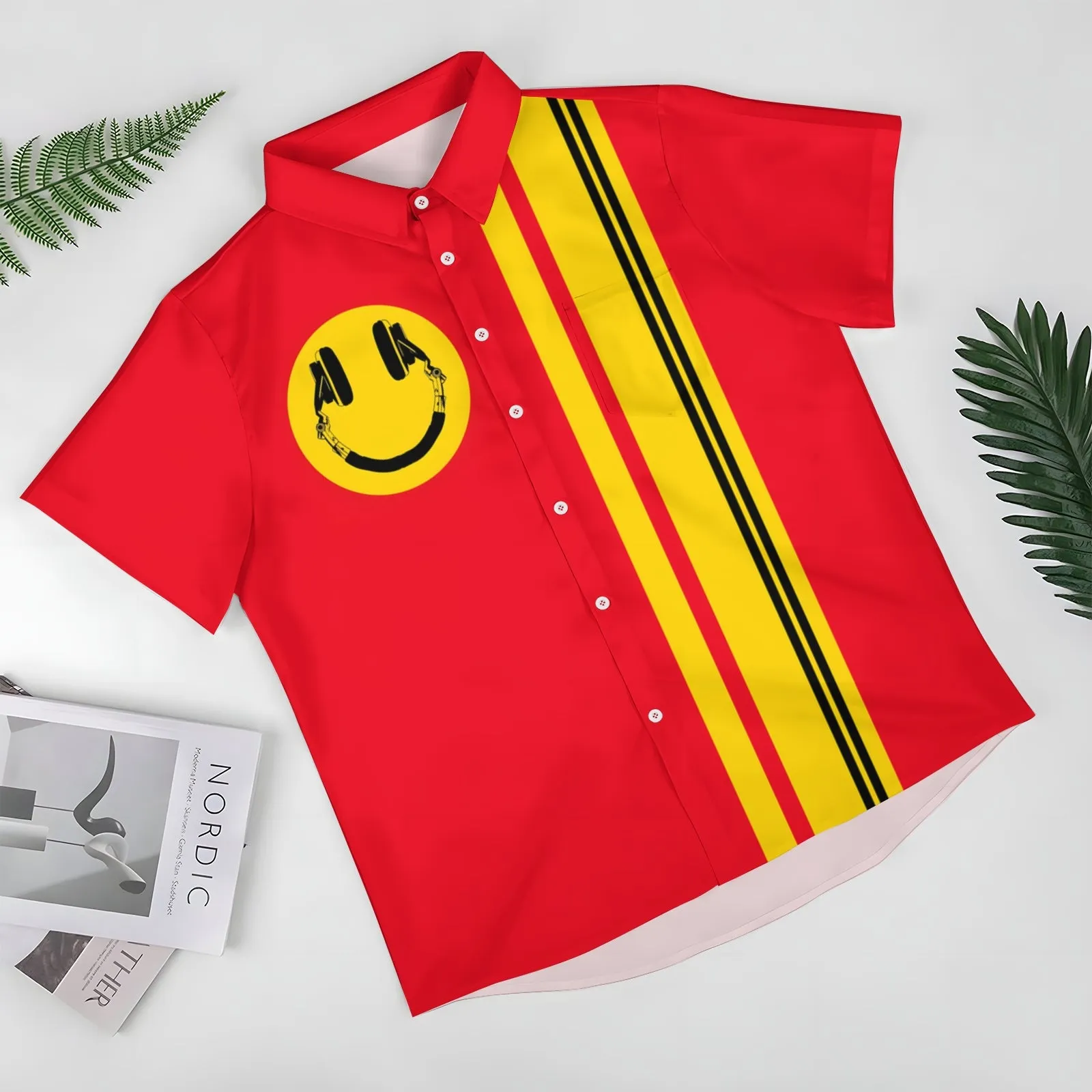 Funny Smiling Headphone Bowling Shirt Plus Size Casual Short Sleeve Shirt 2404000641