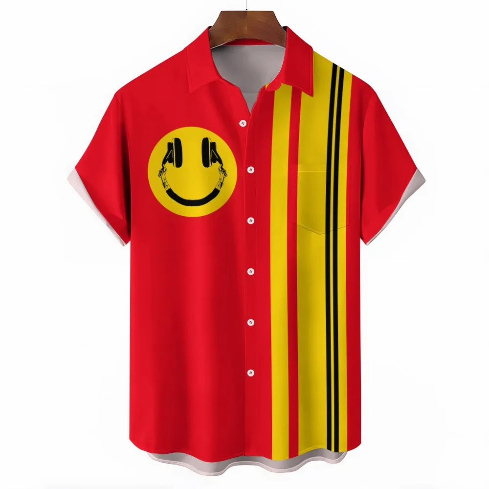 Funny Smiling Headphone Bowling Shirt Plus Size Casual Short Sleeve Shirt 2404000641