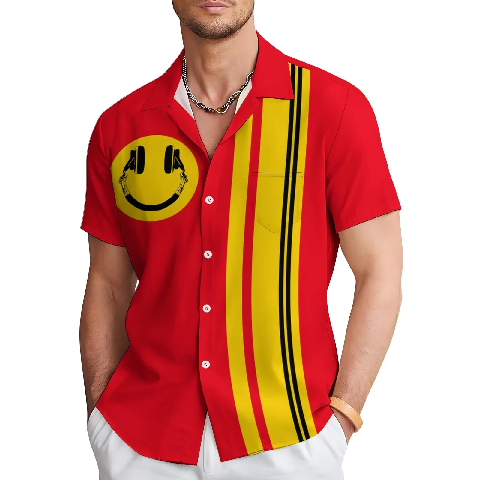 Funny Smiling Headphone Bowling Shirt Plus Size Casual Short Sleeve Shirt 2404000641