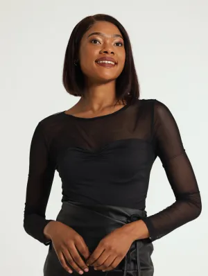 Gauged Mesh Stretch Combo Top - Black