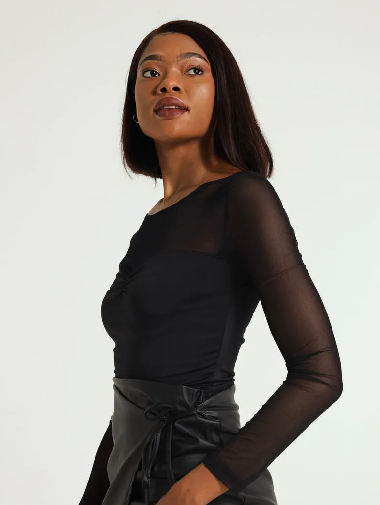 Gauged Mesh Stretch Combo Top - Black