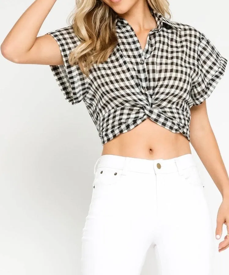 Gingham Short Sleeve Collared Knot Crop Top