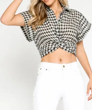 Gingham Short Sleeve Collared Knot Crop Top