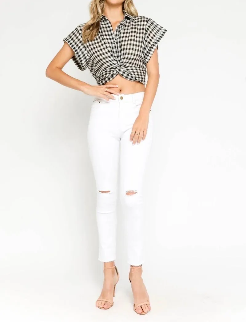 Gingham Short Sleeve Collared Knot Crop Top