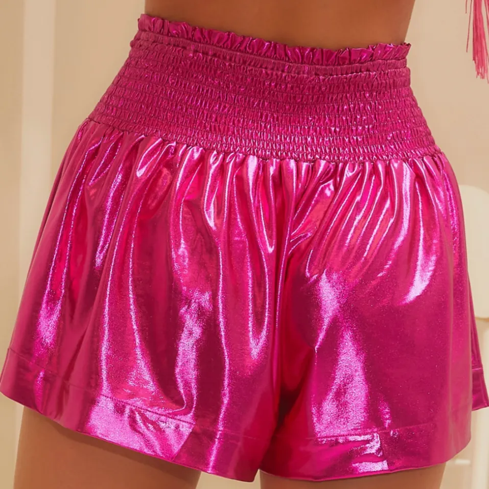 Glimmer Galore Metallic Casual Smoking Shorts