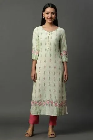 Green Floral Printed Straight Kurta