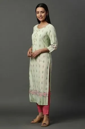 Green Floral Printed Straight Kurta