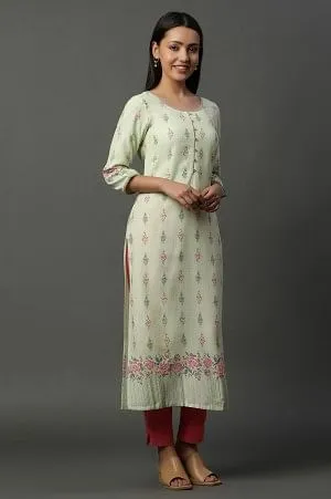 Green Floral Printed Straight Kurta
