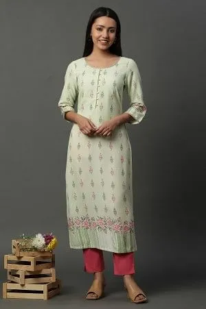 Green Floral Printed Straight Kurta