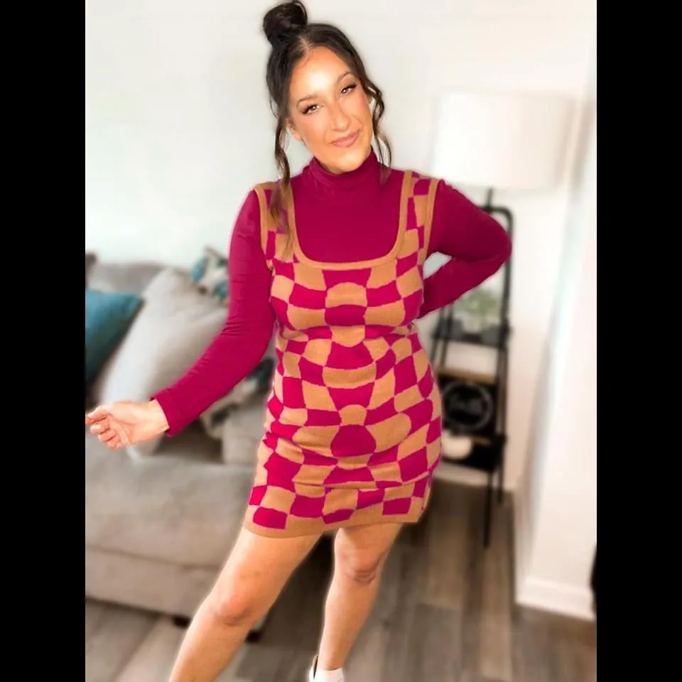 Greta Groovy Retro Checked Knit Jumper in Brown and Berry Check