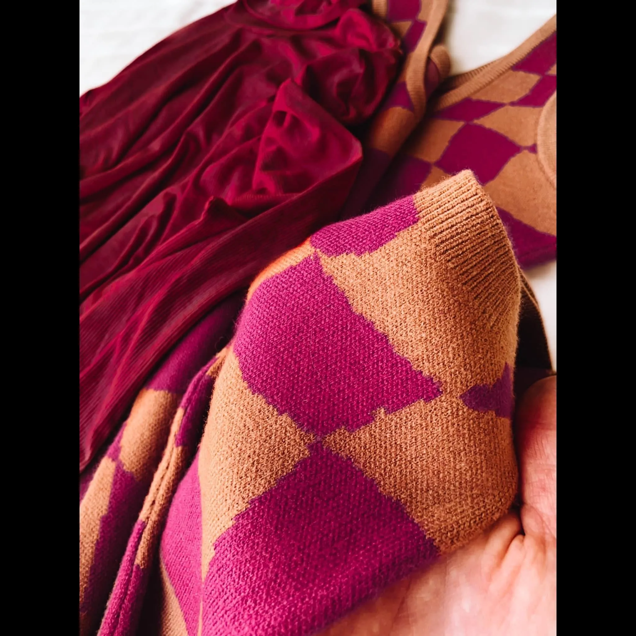 Greta Groovy Retro Checked Knit Jumper in Brown and Berry Check