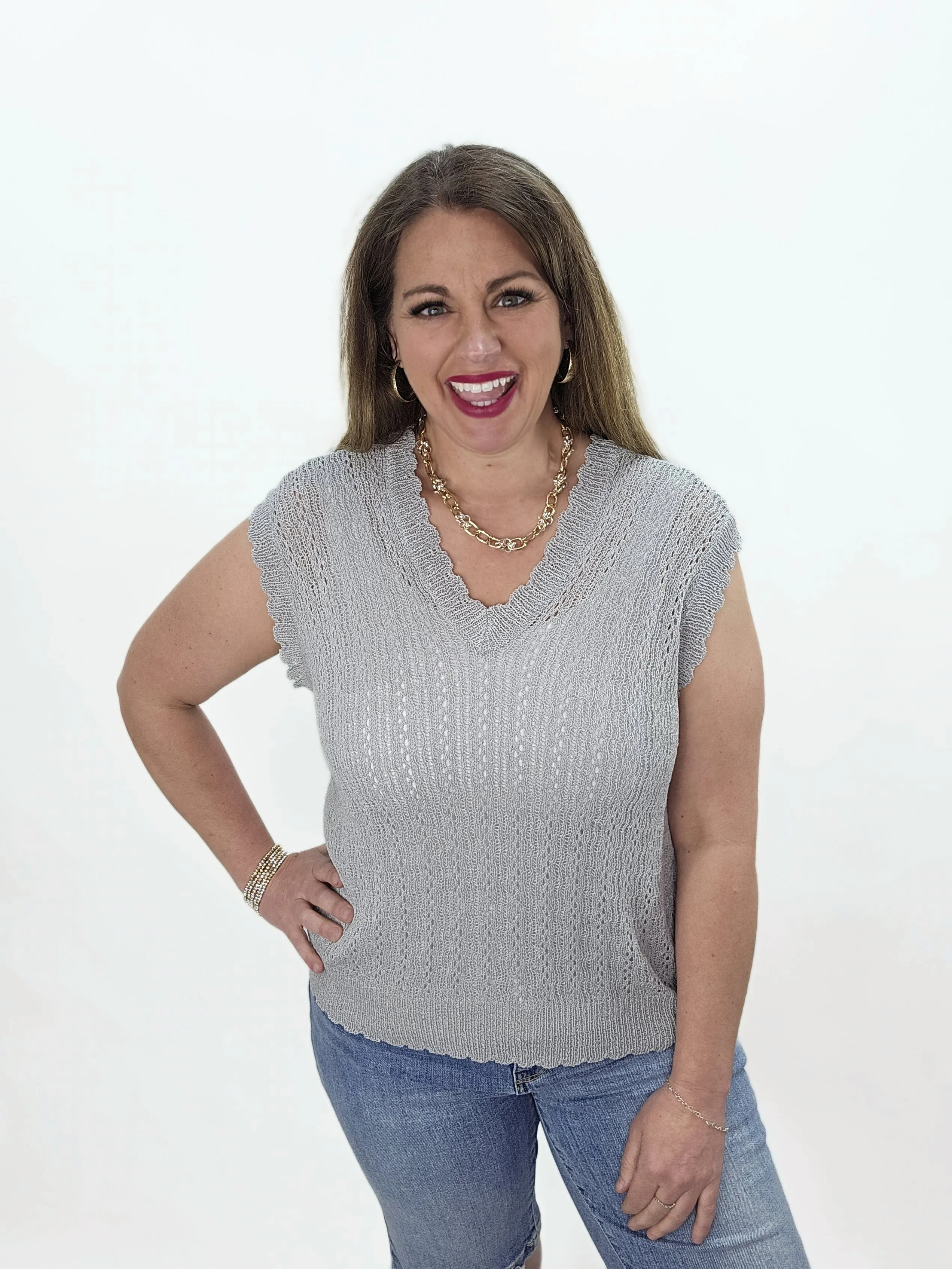 GREY V NECK OPEN KNIT TOP