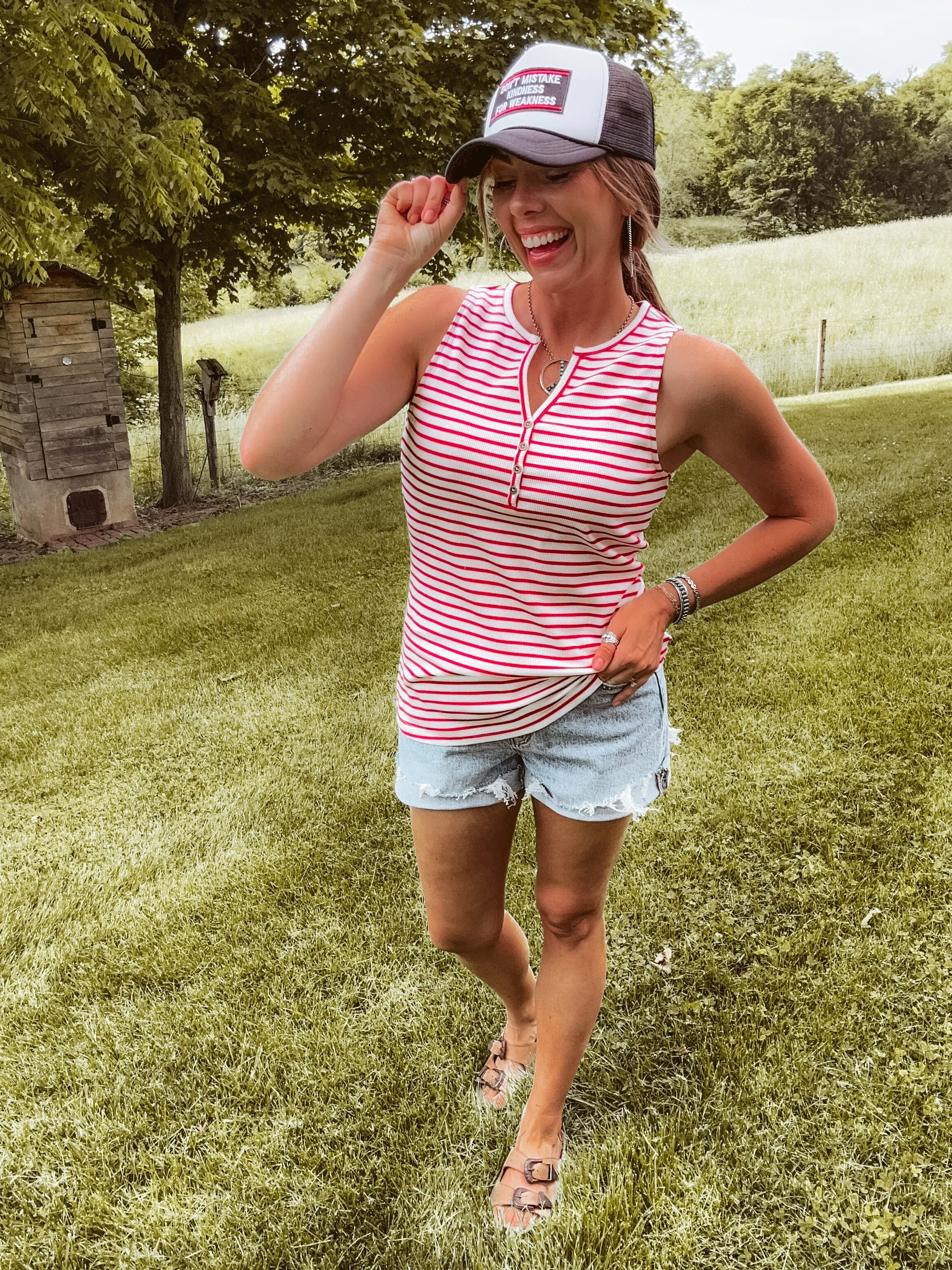 Half Button Stripe Tank