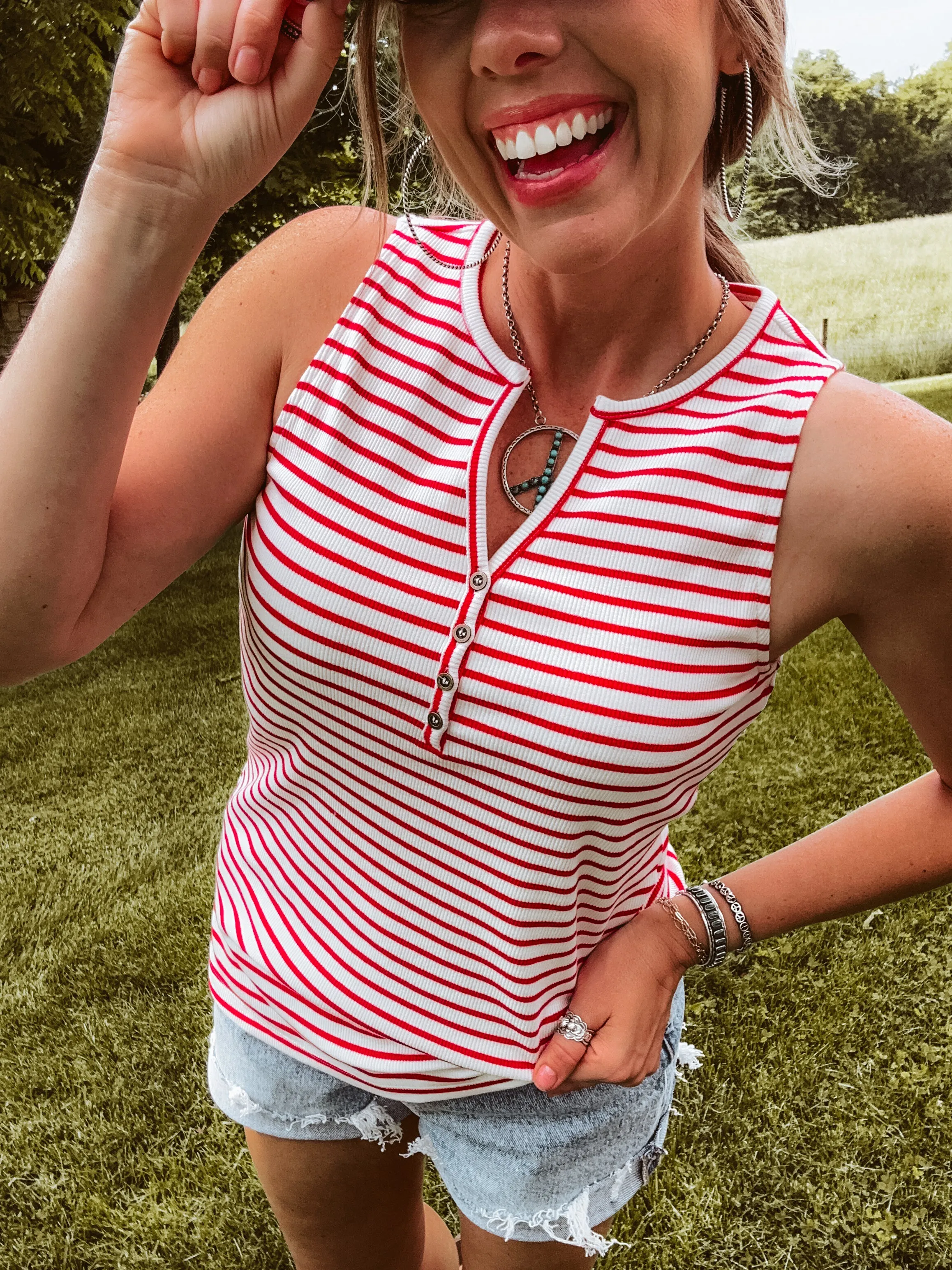 Half Button Stripe Tank