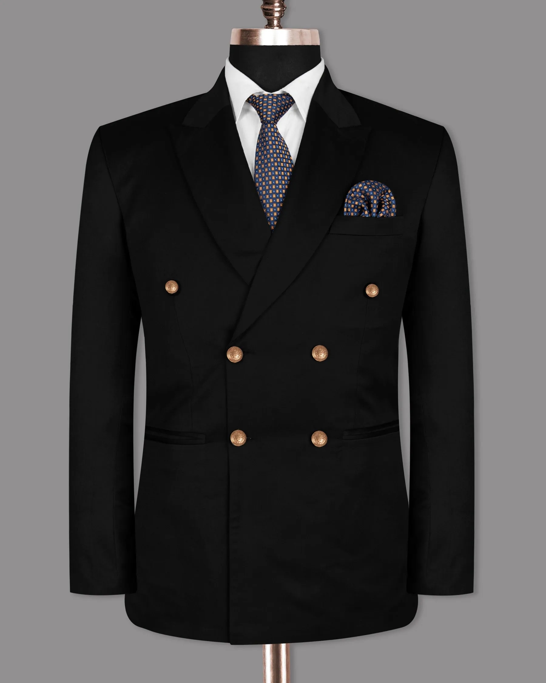 Jade Black Golden Buttons Double-Breasted Wool Rich Blazer