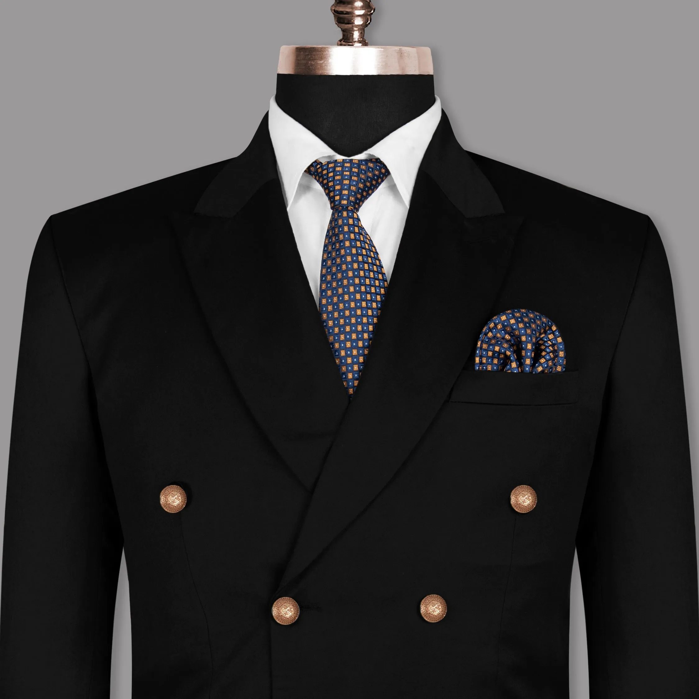 Jade Black Golden Buttons Double-Breasted Wool Rich Blazer