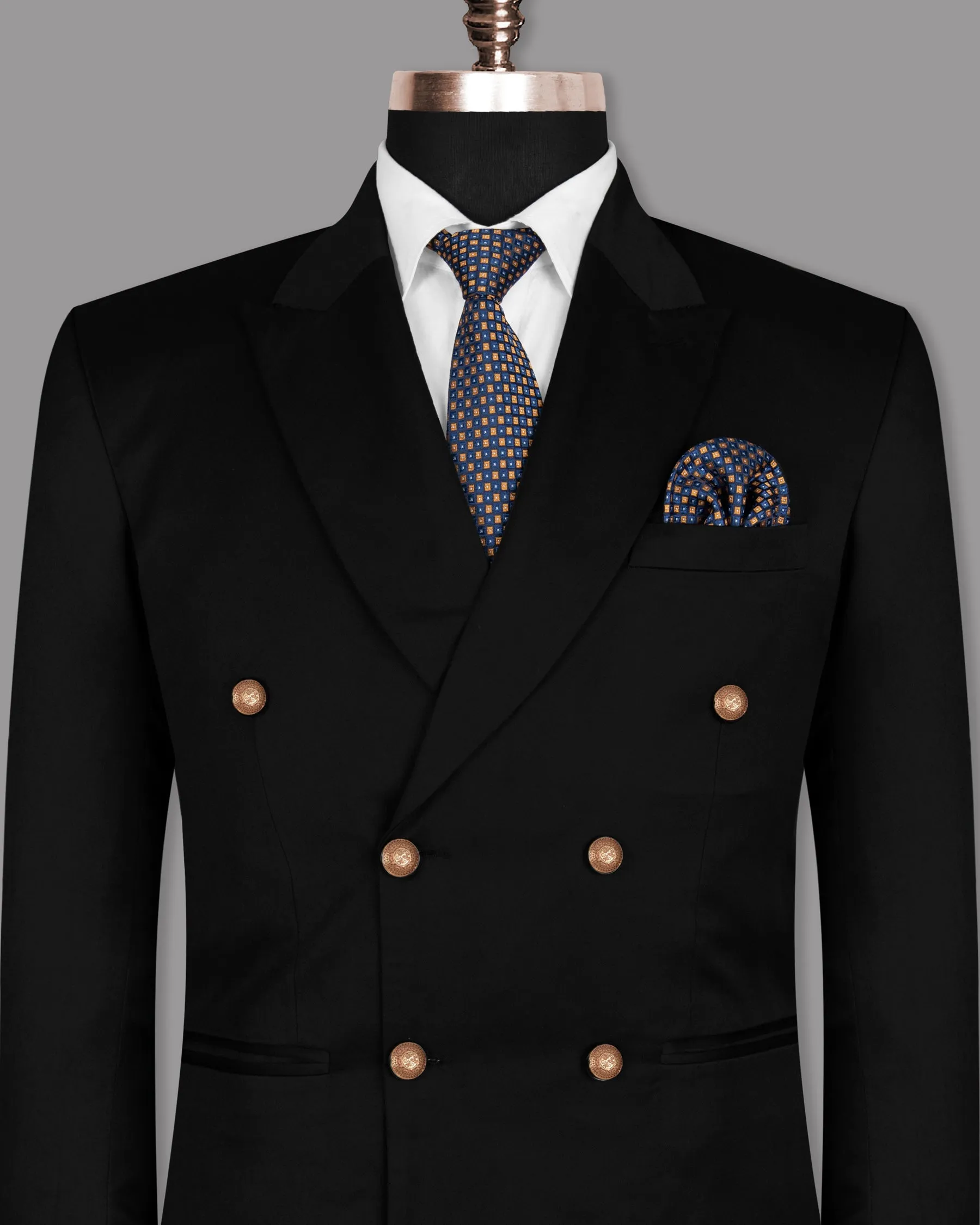 Jade Black Golden Buttons Double-Breasted Wool Rich Blazer