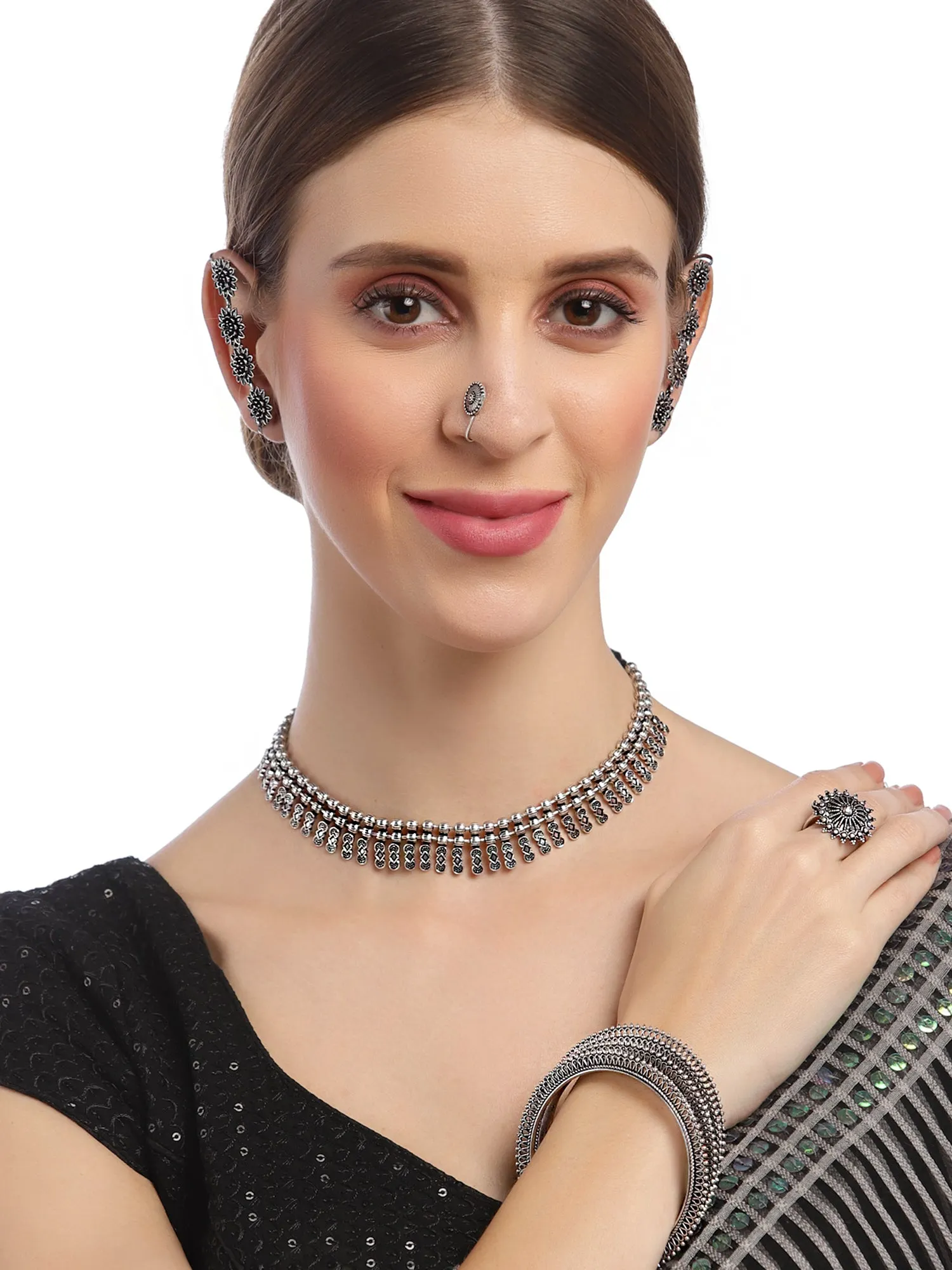 Karatcart Oxidised Silver Combo Tribal Jewellery Set for Womens
