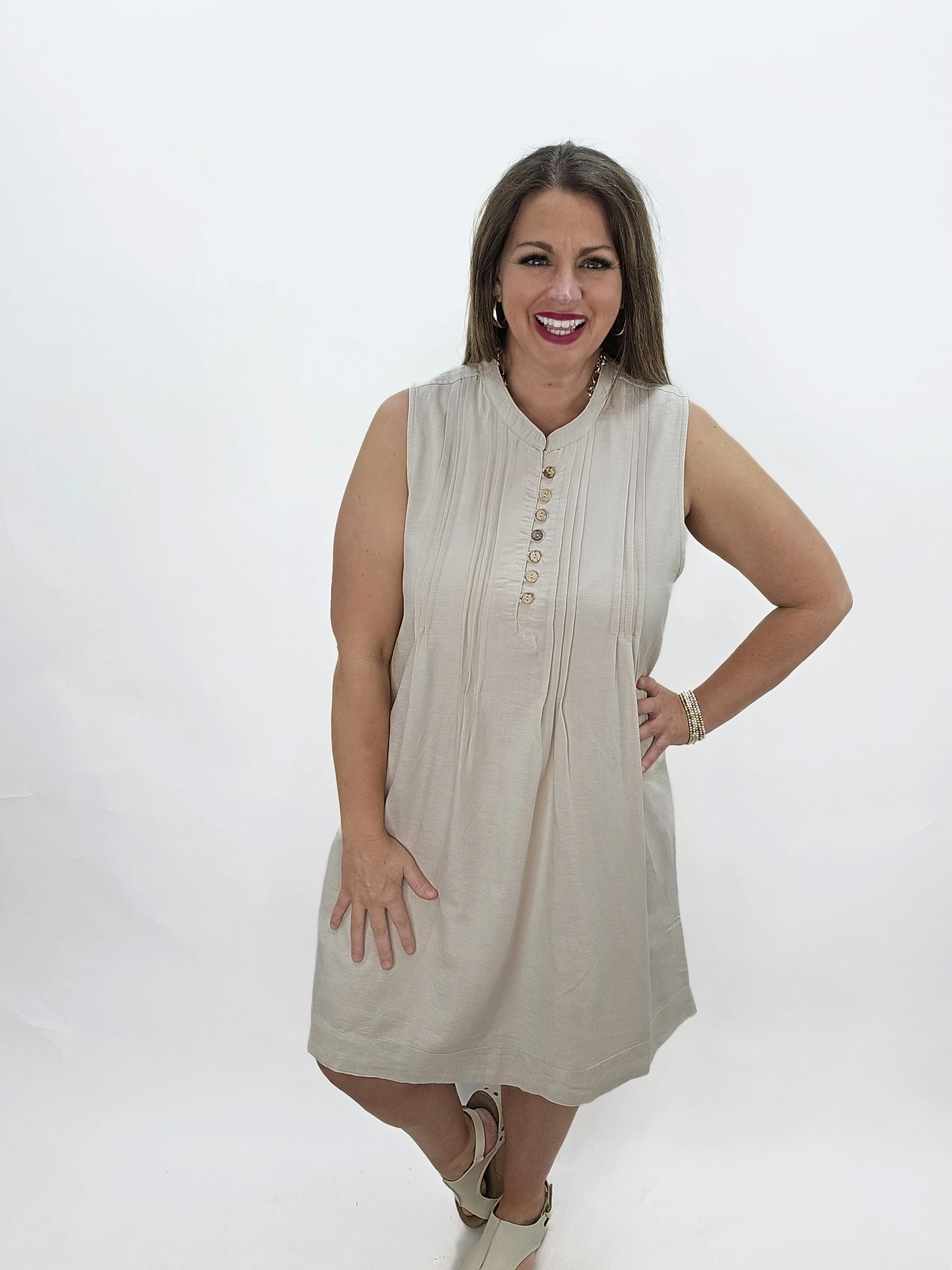 KAREN HART KHAKI COTTON BLEND PLEATED SLEEVELESS DRESS
