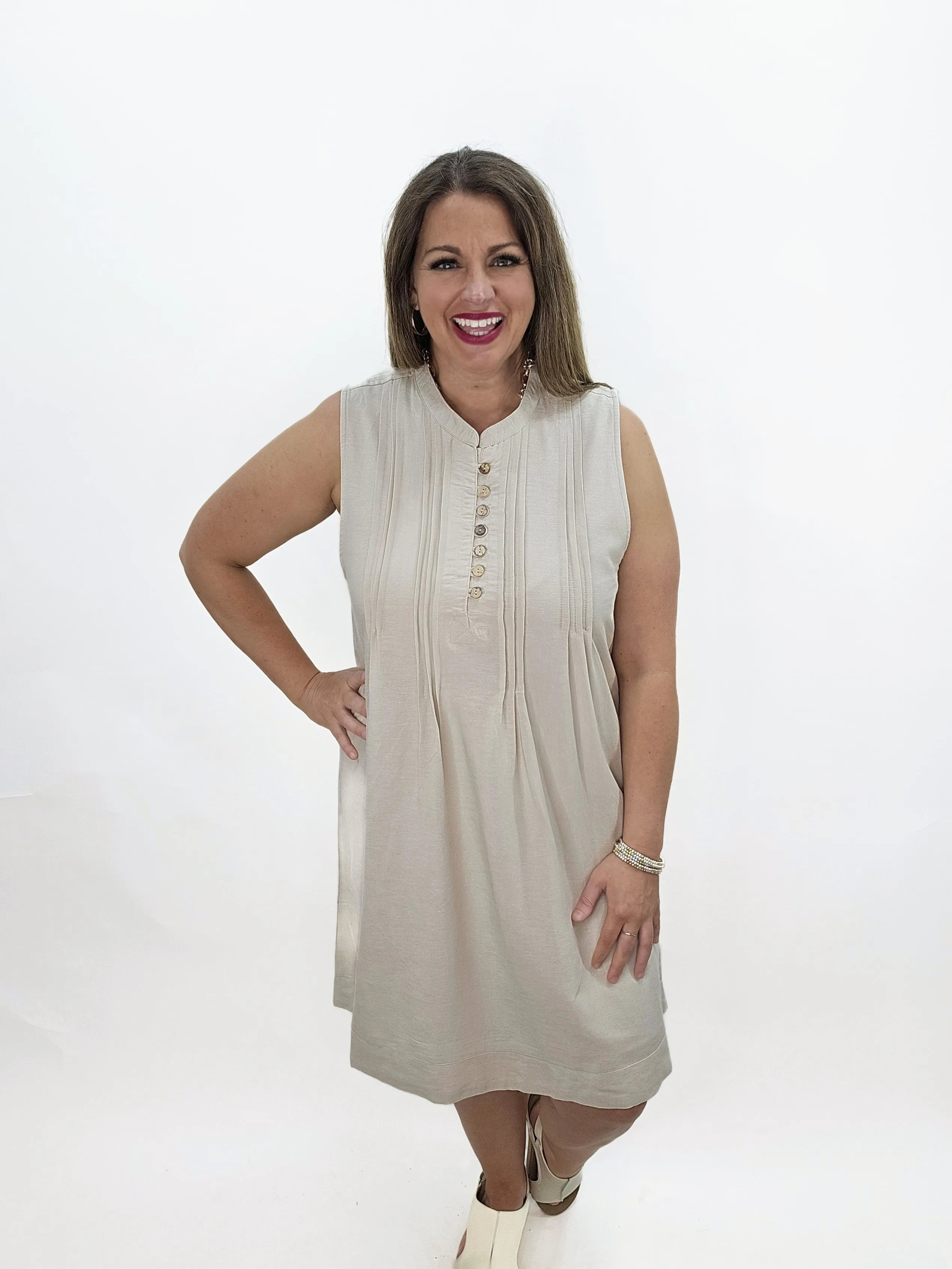 KAREN HART KHAKI COTTON BLEND PLEATED SLEEVELESS DRESS