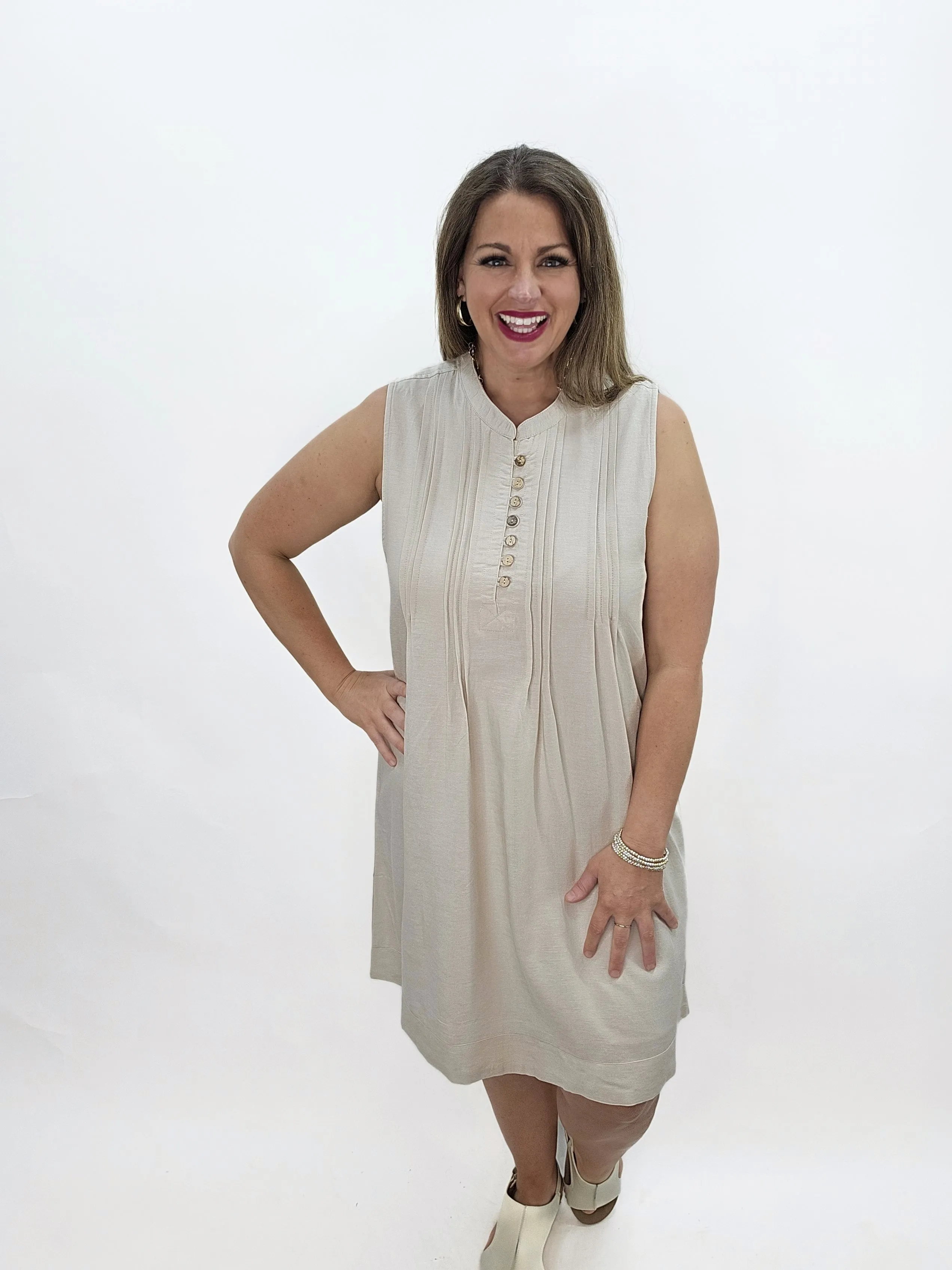 KAREN HART KHAKI COTTON BLEND PLEATED SLEEVELESS DRESS