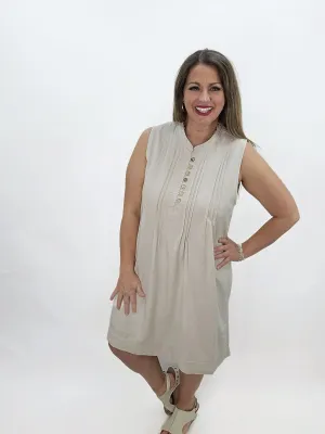KAREN HART KHAKI COTTON BLEND PLEATED SLEEVELESS DRESS