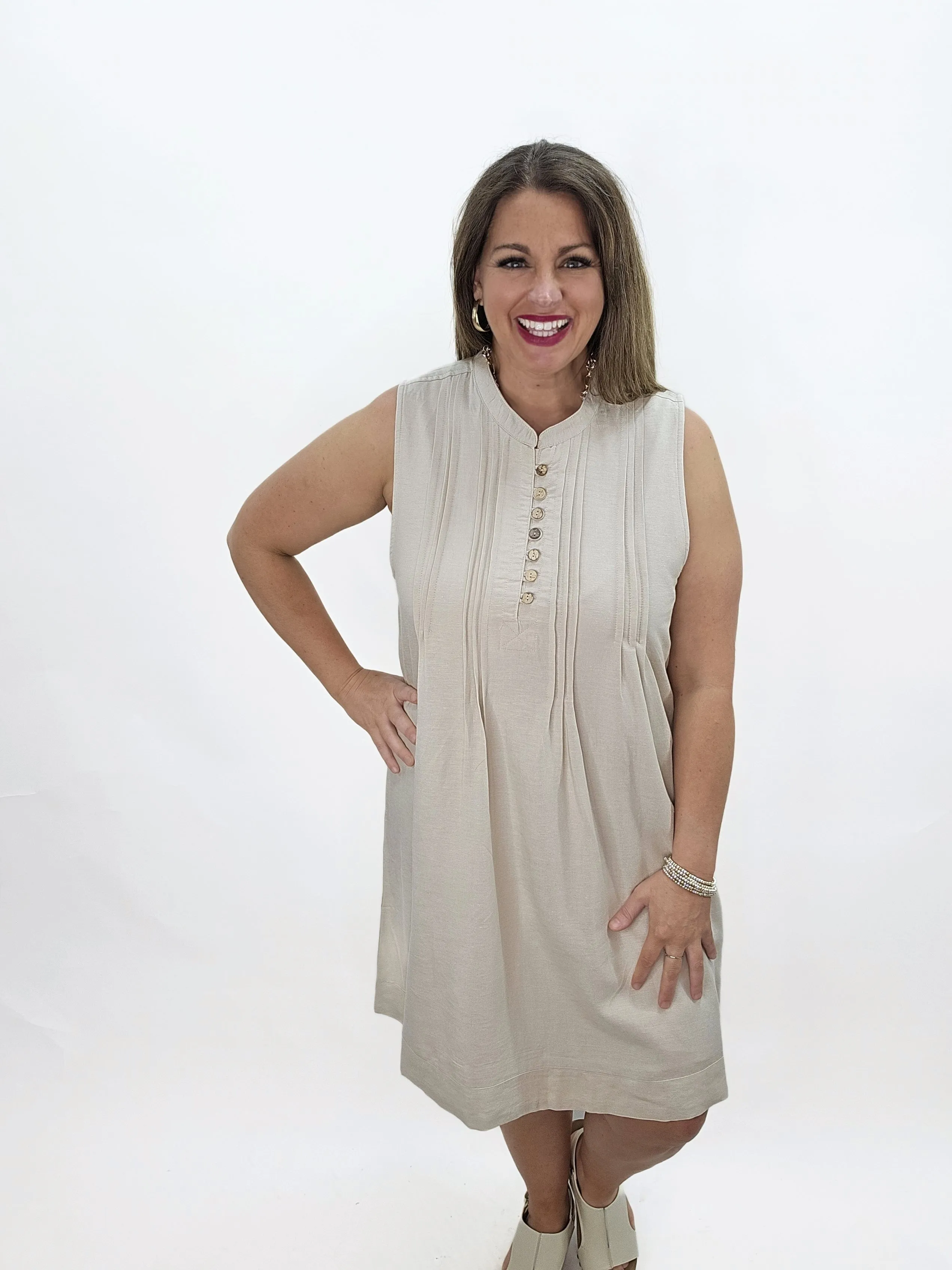KAREN HART KHAKI COTTON BLEND PLEATED SLEEVELESS DRESS