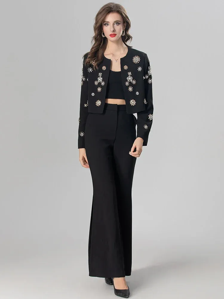 Kirsten Crystals Diamonds Coat   Slit Flare Pants High Street Two Piece Set