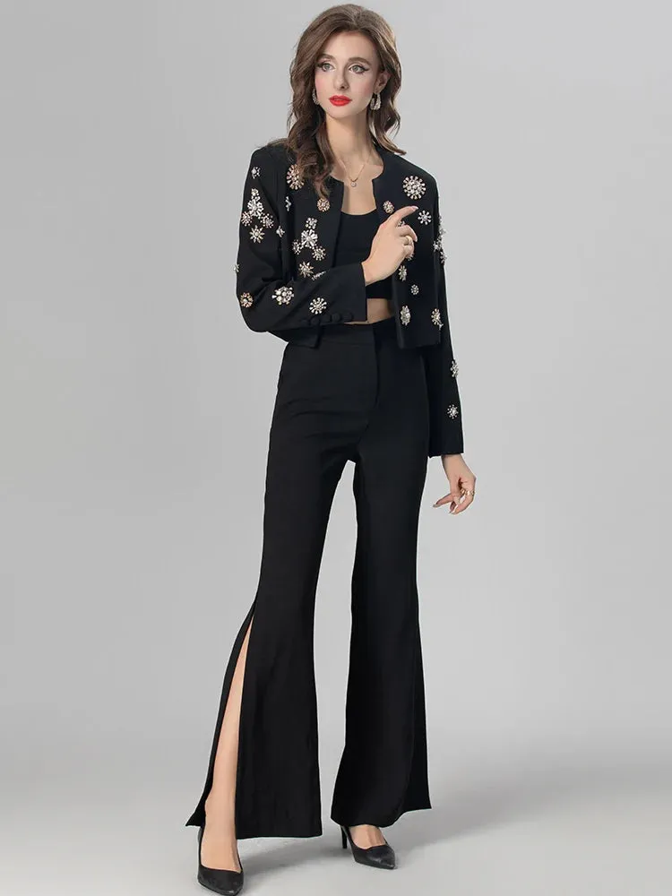 Kirsten Crystals Diamonds Coat   Slit Flare Pants High Street Two Piece Set