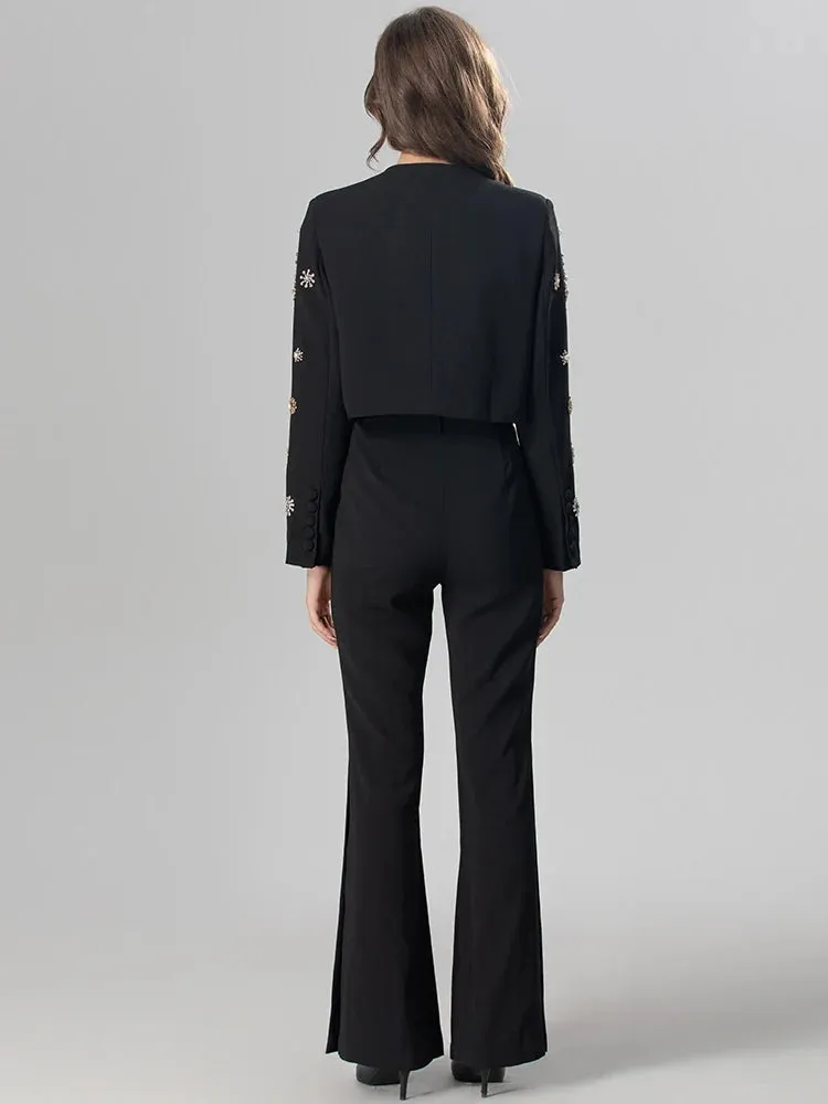 Kirsten Crystals Diamonds Coat   Slit Flare Pants High Street Two Piece Set