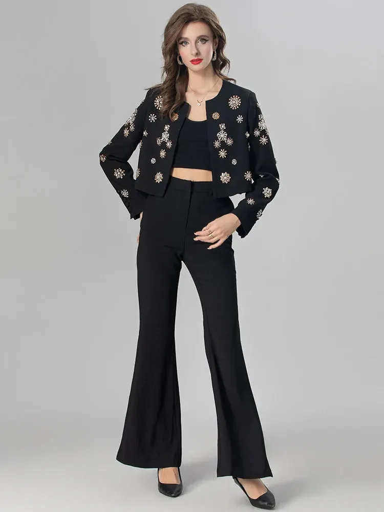 Kirsten Crystals Diamonds Coat   Slit Flare Pants High Street Two Piece Set