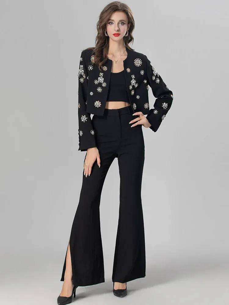 Kirsten Crystals Diamonds Coat   Slit Flare Pants High Street Two Piece Set