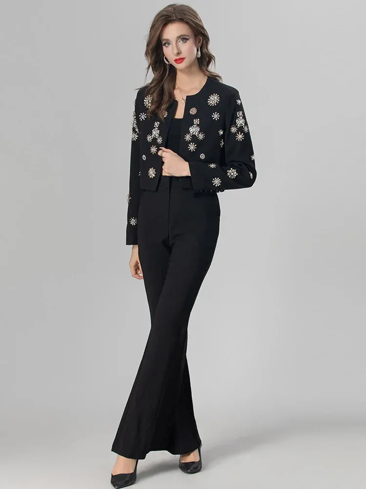 Kirsten Crystals Diamonds Coat   Slit Flare Pants High Street Two Piece Set