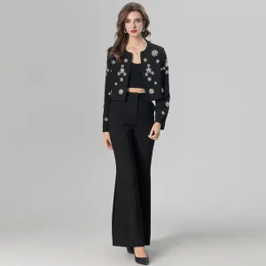 Kirsten Crystals Diamonds Coat   Slit Flare Pants High Street Two Piece Set