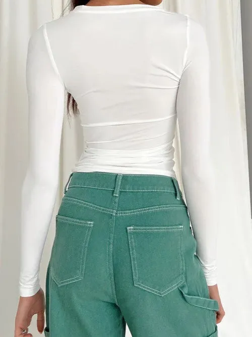 Klassisches Einfarbiges Langarm Stretch Basic Crop Top