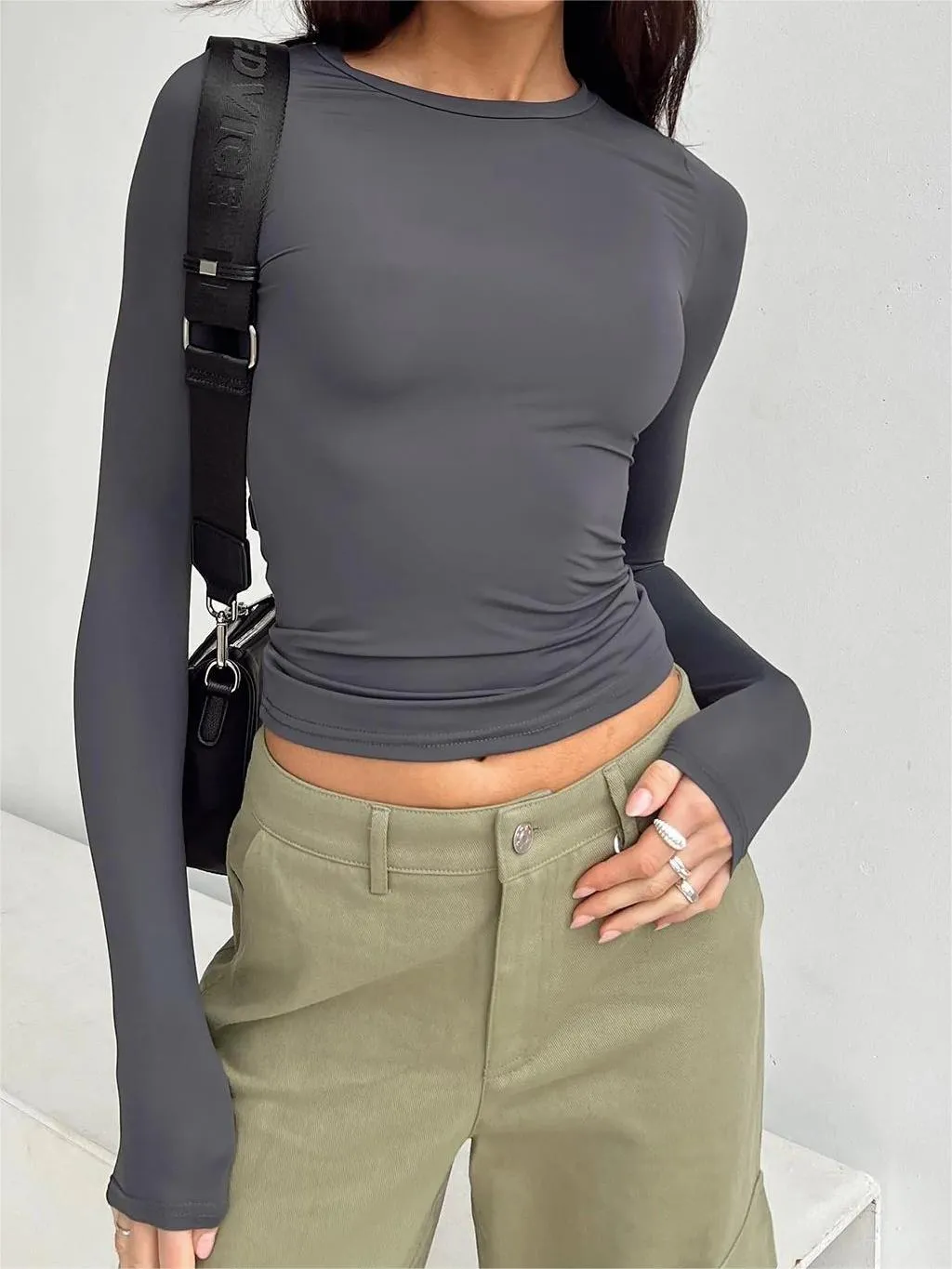 Klassisches Einfarbiges Langarm Stretch Basic Crop Top