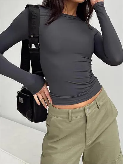 Klassisches Einfarbiges Langarm Stretch Basic Crop Top