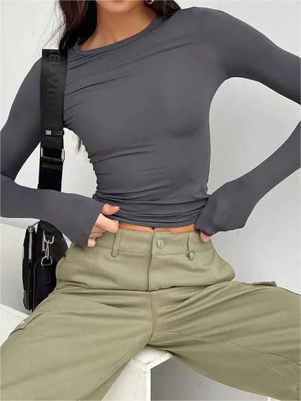 Klassisches Einfarbiges Langarm Stretch Basic Crop Top